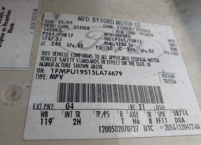 Photo 9 of 2005 Ford Expedition LIMITED (VIN 1FMPU19515LA74679)