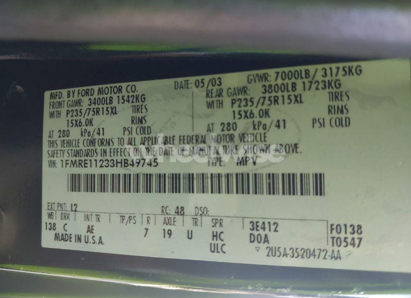 Photo 9 of 2003 Ford E-150 CHATEAU/XL/XLT (VIN 1FMRE11233HB49745)