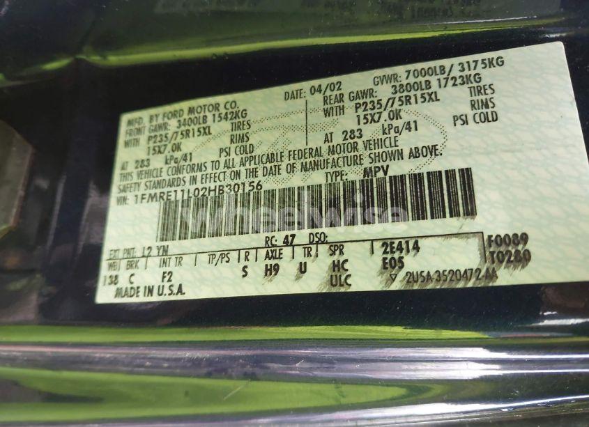 Photo 9 of 2002 Ford E-150 XL/XLT (VIN 1FMRE11L02HB30156)