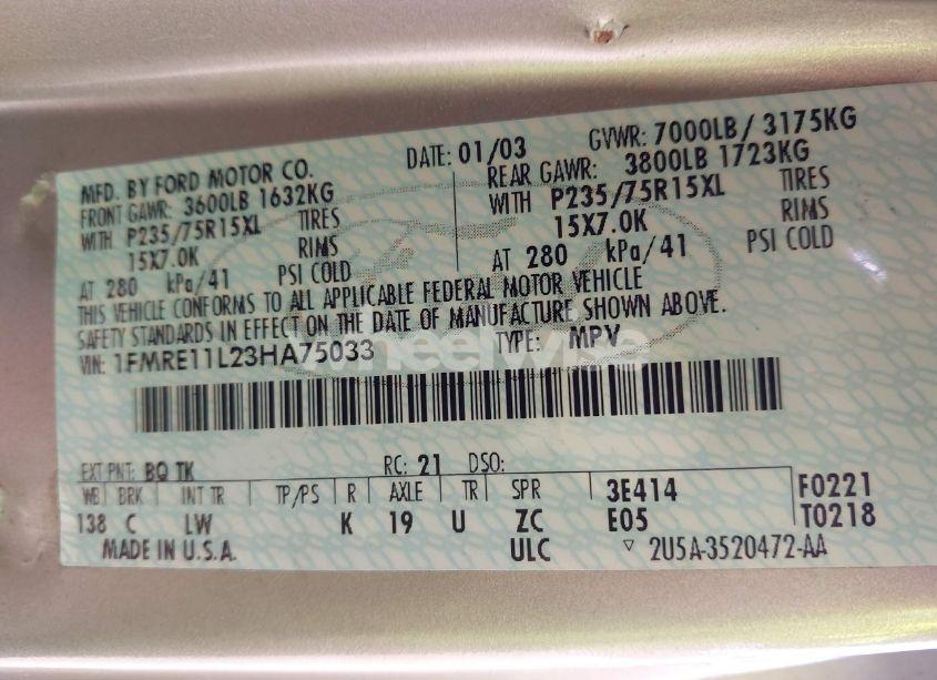 Photo 9 of 2003 Ford E-150 CHATEAU/XL/XLT (VIN 1FMRE11L23HA75033)