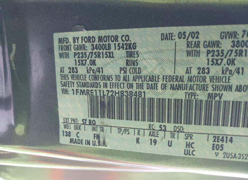 Photo 9 of 2002 Ford E-150 XL/XLT (VIN 1FMRE11L72HB38481)