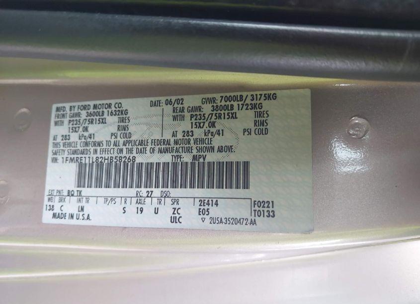 Photo 9 of 2002 Ford E-150 XL/XLT (VIN 1FMRE11L82HB58268)