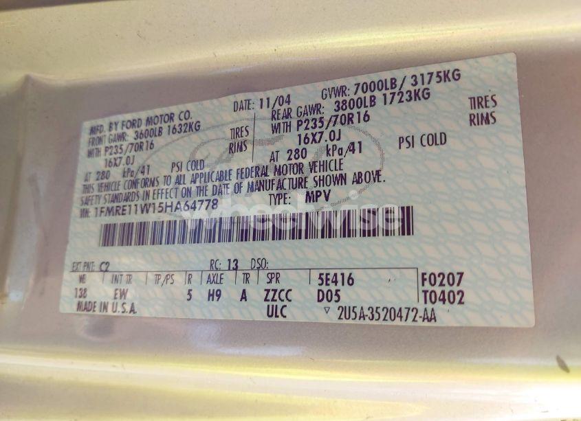 Photo 9 of 2005 Ford E-150 CHATEAU/XL/XLT (VIN 1FMRE11W15HA64778)