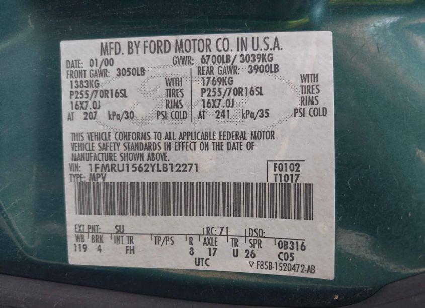 Photo 9 of 2000 Ford Expedition XLT (VIN 1FMRU1562YLB12271)