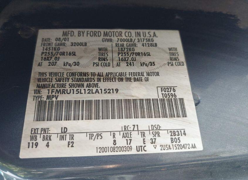 Photo 9 of 2002 Ford Expedition XLT (VIN 1FMRU15L12LA15219)