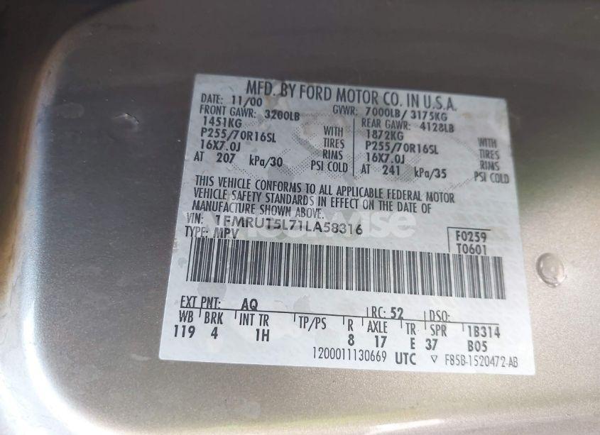 Photo 9 of 2001 Ford Expedition XLT (VIN 1FMRU15L71LA58316)