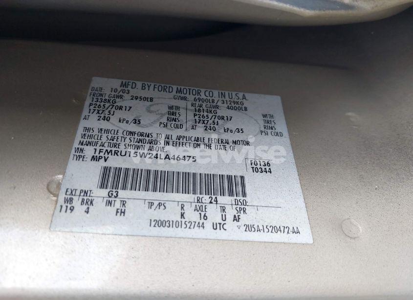 Photo 9 of 2004 Ford Expedition XLT (VIN 1FMRU15W24LA46475)