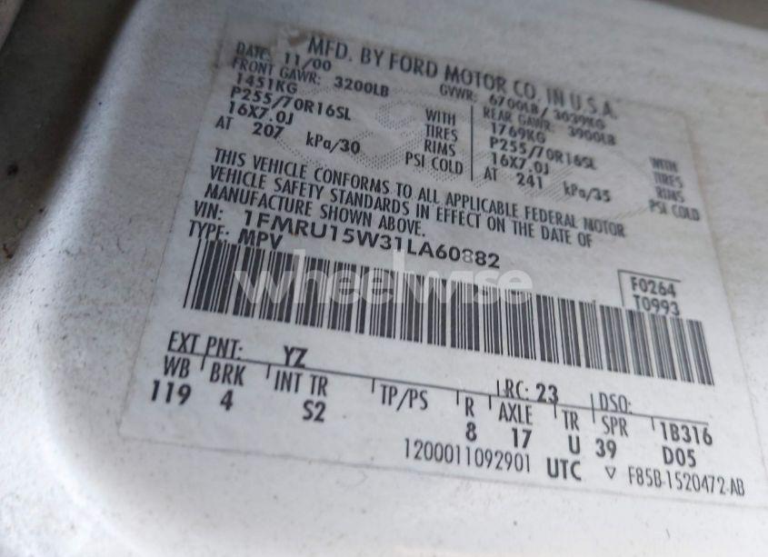 Photo 9 of 2001 Ford Expedition XLT (VIN 1FMRU15W31LA60882)