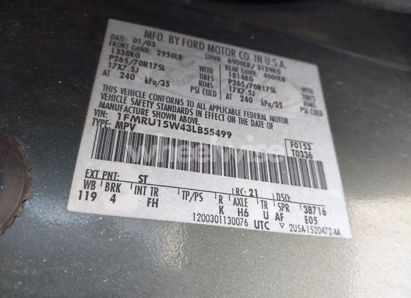 Photo 9 of 2003 Ford Expedition XLT (VIN 1FMRU15W43LB55499)