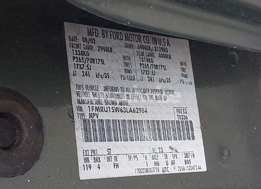 Photo 9 of 2003 Ford Expedition XLT (VIN 1FMRU15W63LA62984)