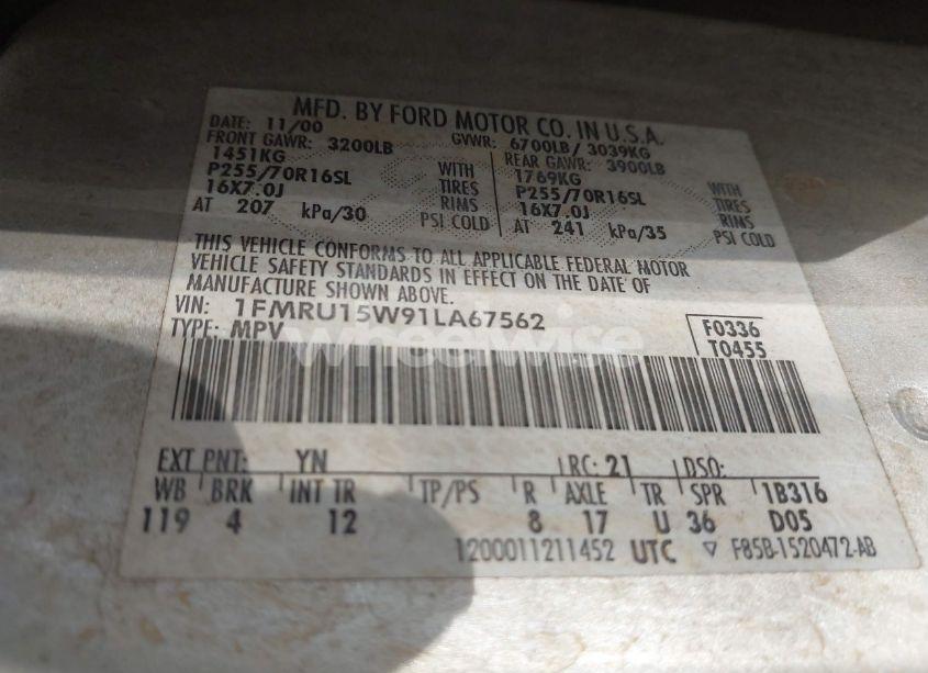 Photo 9 of 2001 Ford Expedition XLT (VIN 1FMRU15W91LA67562)