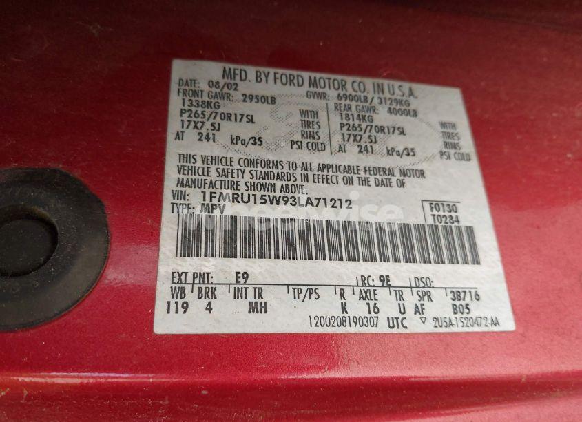 Photo 9 of 2003 Ford Expedition XLT (VIN 1FMRU15W93LA71212)