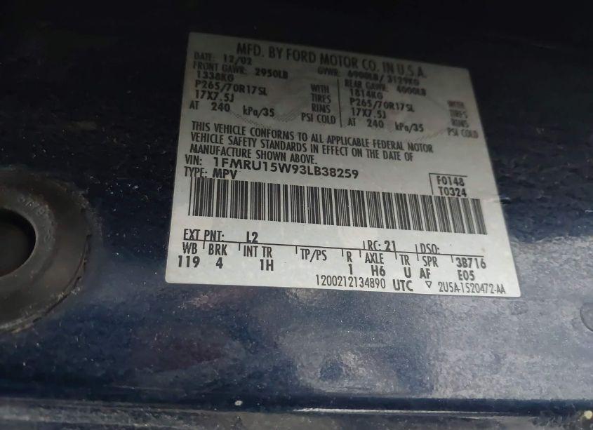 Photo 9 of 2003 Ford Expedition XLT (VIN 1FMRU15W93LB38259)