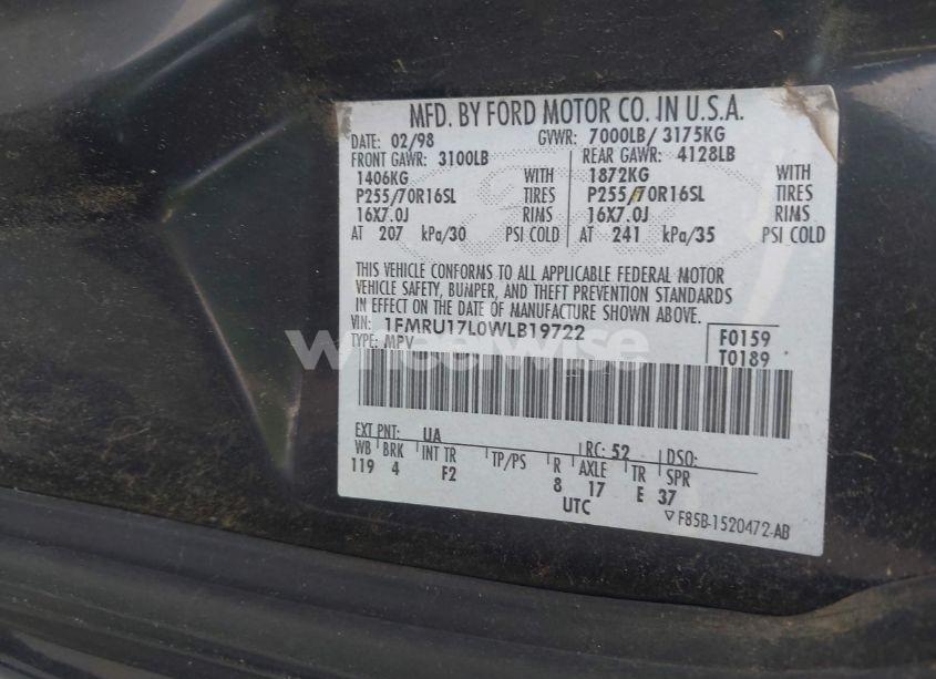 Photo 9 of 1998 Ford Expedition EDDIE BAUER/XLT (VIN 1FMRU17L0WLB19722)