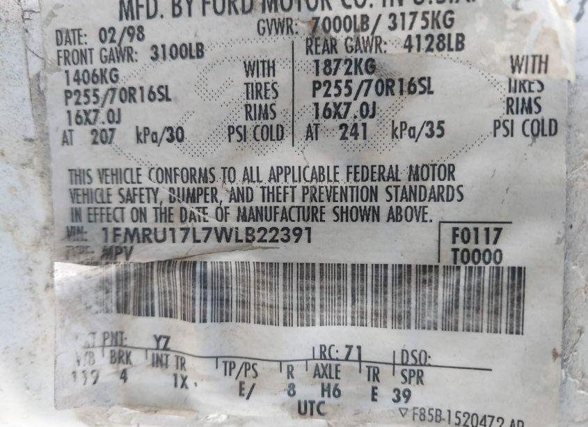 Photo 9 of 1998 Ford Expedition EDDIE BAUER/XLT (VIN 1FMRU17L7WLB22391)