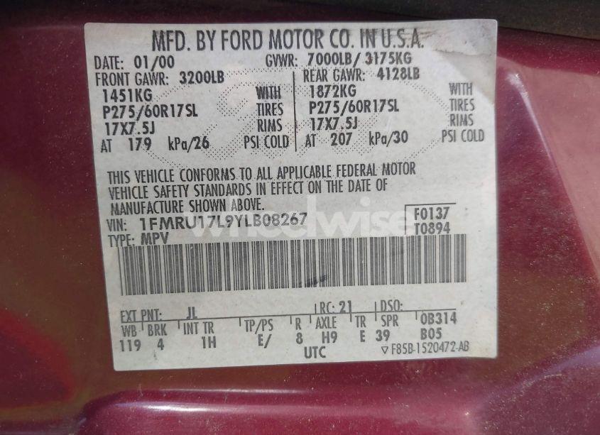 Photo 9 of 2000 Ford Expedition EDDIE BAUER (VIN 1FMRU17L9YLB08267)