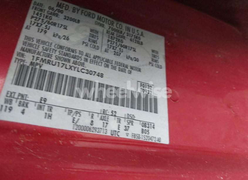 Photo 9 of 2000 Ford Expedition EDDIE BAUER (VIN 1FMRU17LXYLC30748)