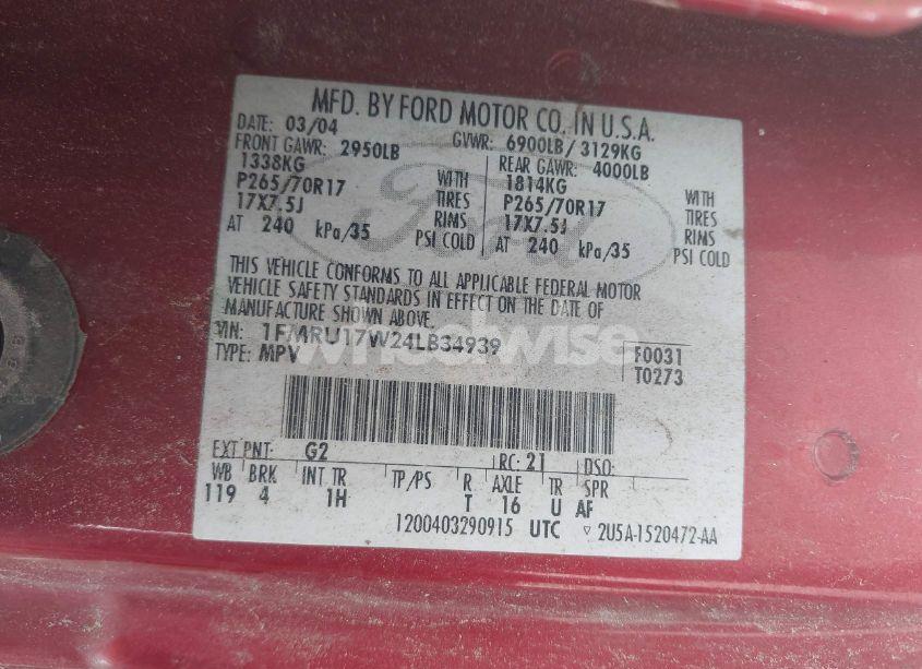 Photo 9 of 2004 Ford Expedition EDDIE BAUER (VIN 1FMRU17W24LB34939)