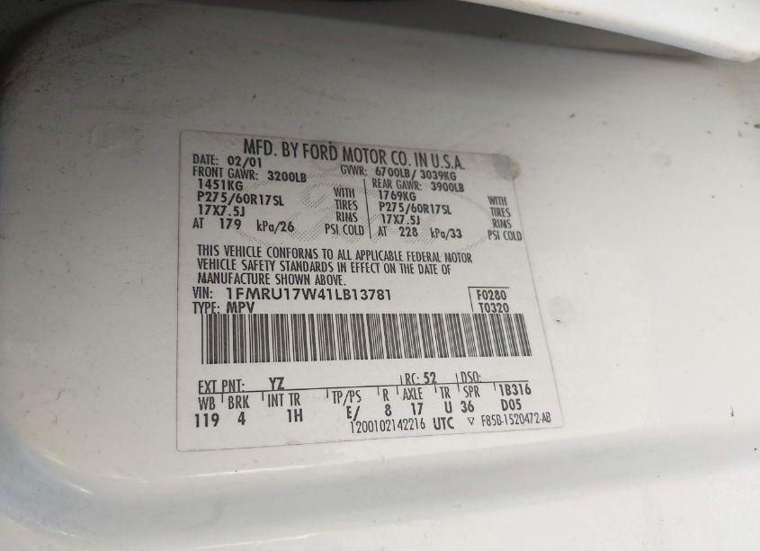 Photo 9 of 2001 Ford Expedition EDDIE BAUER (VIN 1FMRU17W41LB13781)