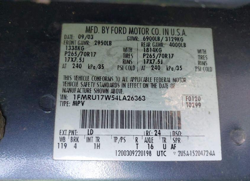 Photo 9 of 2004 Ford Expedition EDDIE BAUER (VIN 1FMRU17W54LA26363)