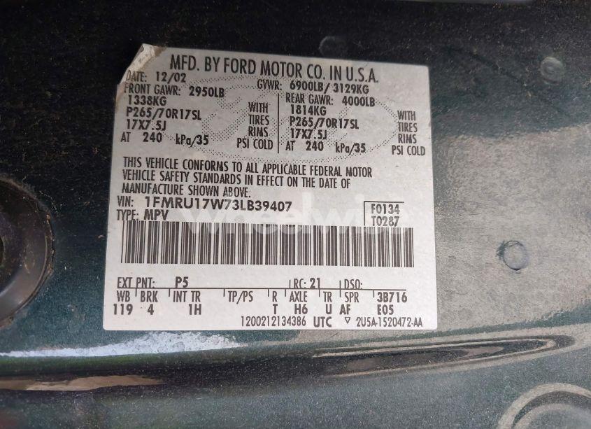 Photo 9 of 2003 Ford Expedition EDDIE BAUER (VIN 1FMRU17W73LB39407)