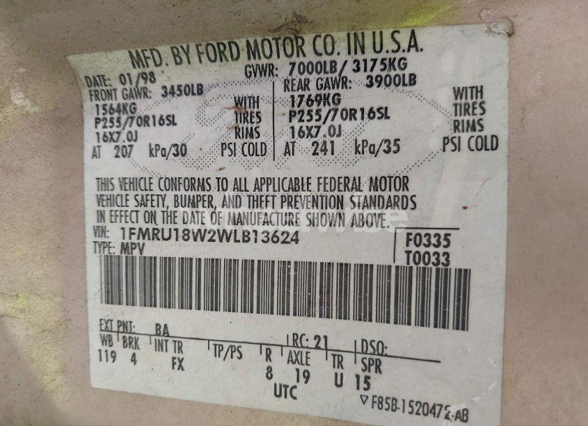 Photo 9 of 1998 Ford Expedition EDDIE BAUER/XLT (VIN 1FMRU18W2WLB13624)