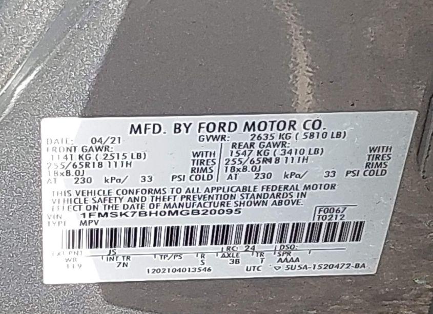 Photo 9 of 2021 Ford Explorer (VIN 1FMSK7BH0MGB20095)