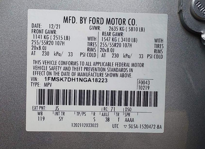 Photo 9 of 2022 Ford Explorer XLT (VIN 1FMSK7DH1NGA18223)