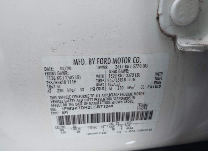 Photo 9 of 2020 Ford Explorer XLT (VIN 1FMSK7DH2LGB71240)