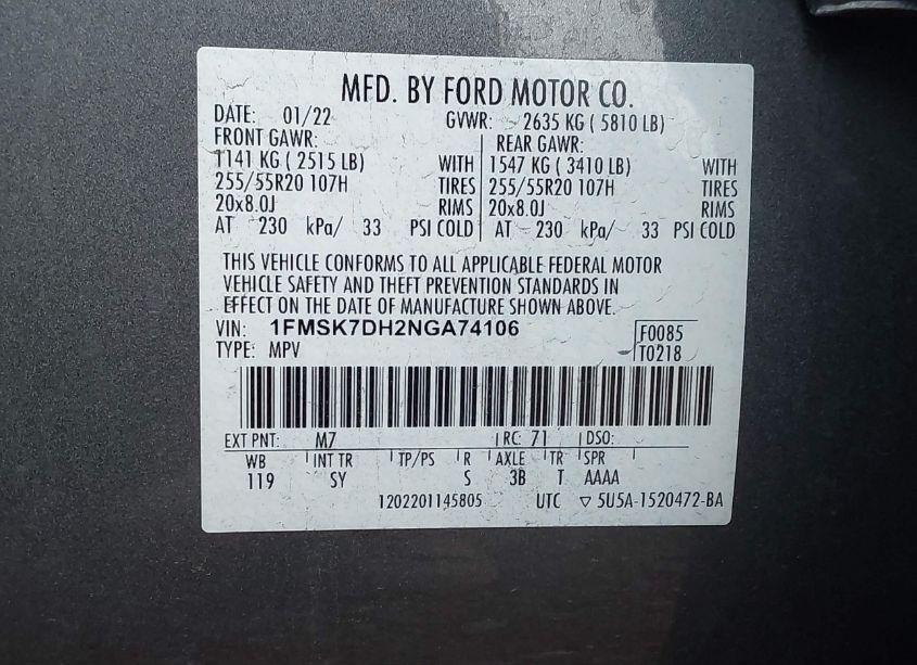 Photo 9 of 2022 Ford Explorer XLT (VIN 1FMSK7DH2NGA74106)