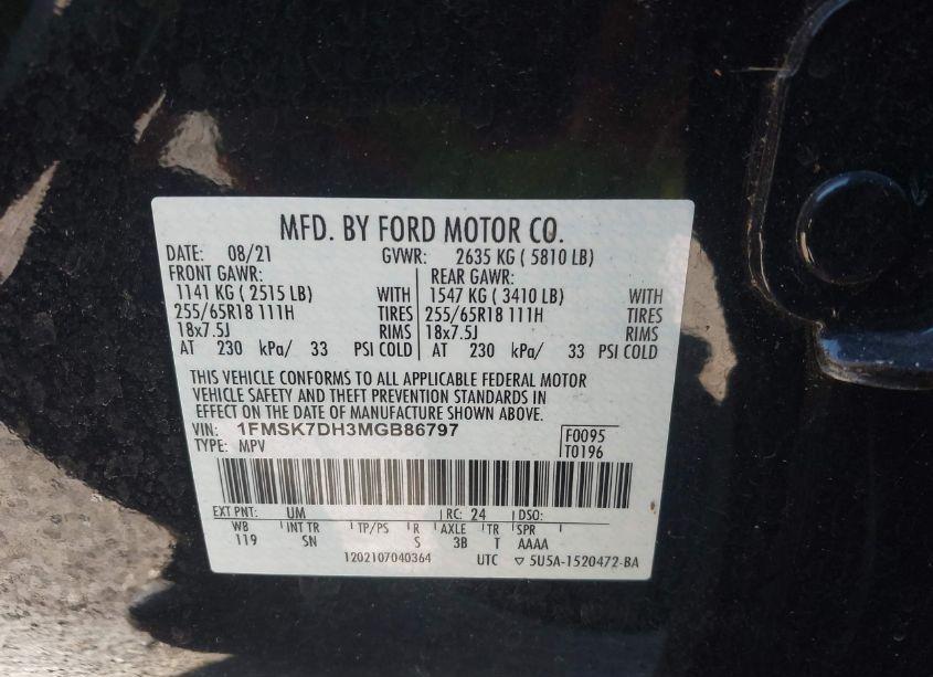 Photo 9 of 2021 Ford Explorer XLT (VIN 1FMSK7DH3MGB86797)