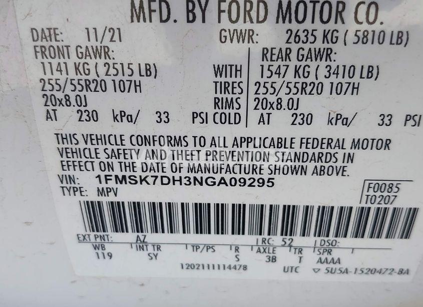 Photo 9 of 2022 Ford Explorer XLT (VIN 1FMSK7DH3NGA09295)