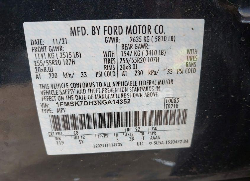 Photo 9 of 2022 Ford Explorer XLT (VIN 1FMSK7DH3NGA14352)