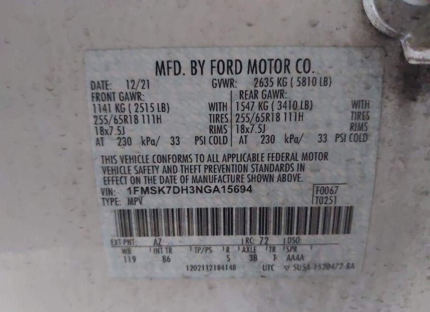 Photo 9 of 2022 Ford Explorer XLT (VIN 1FMSK7DH3NGA15694)