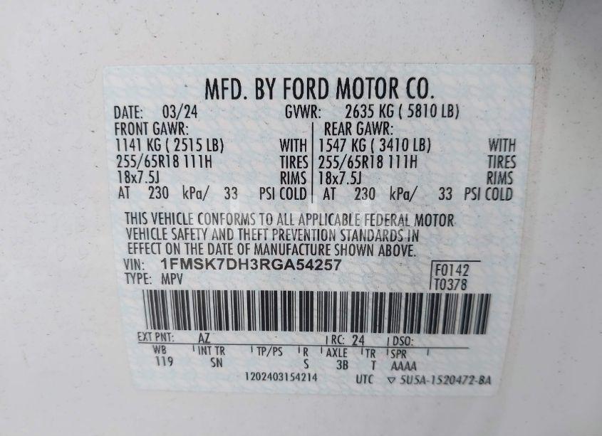 Photo 9 of 2024 Ford Explorer XLT (VIN 1FMSK7DH3RGA54257)