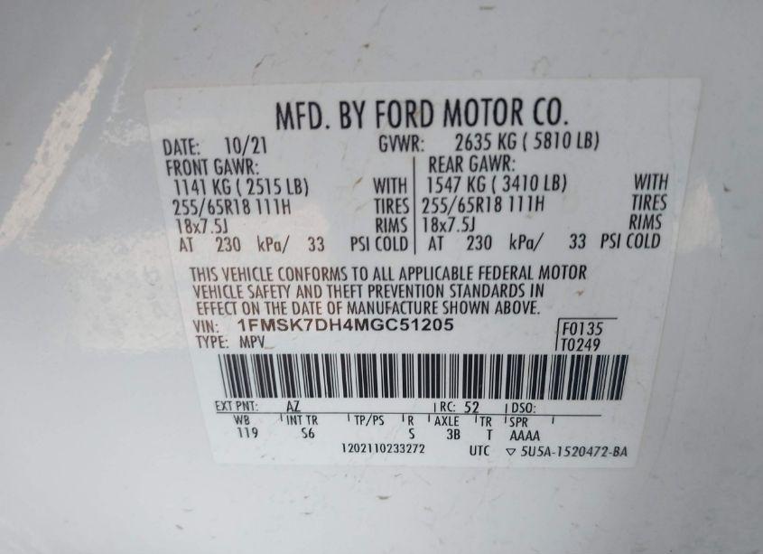 Photo 9 of 2021 Ford Explorer XLT (VIN 1FMSK7DH4MGC51205)
