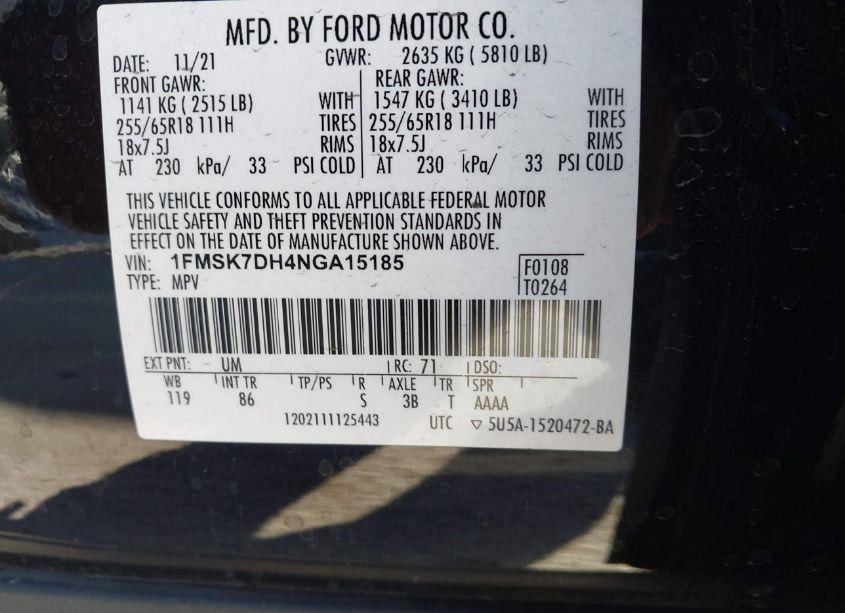 Photo 9 of 2022 Ford Explorer XLT (VIN 1FMSK7DH4NGA15185)