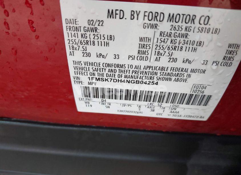 Photo 9 of 2022 Ford Explorer XLT (VIN 1FMSK7DH4NGB04254)