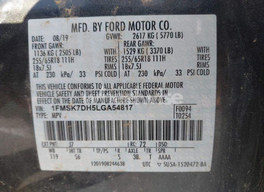 Photo 9 of 2020 Ford Explorer XLT (VIN 1FMSK7DH5LGA54817)