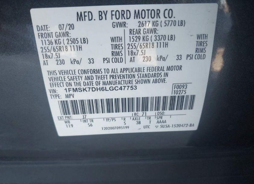 Photo 9 of 2020 Ford Explorer XLT (VIN 1FMSK7DH6LGC47753)