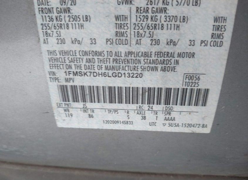 Photo 9 of 2020 Ford Explorer XLT (VIN 1FMSK7DH6LGD13220)