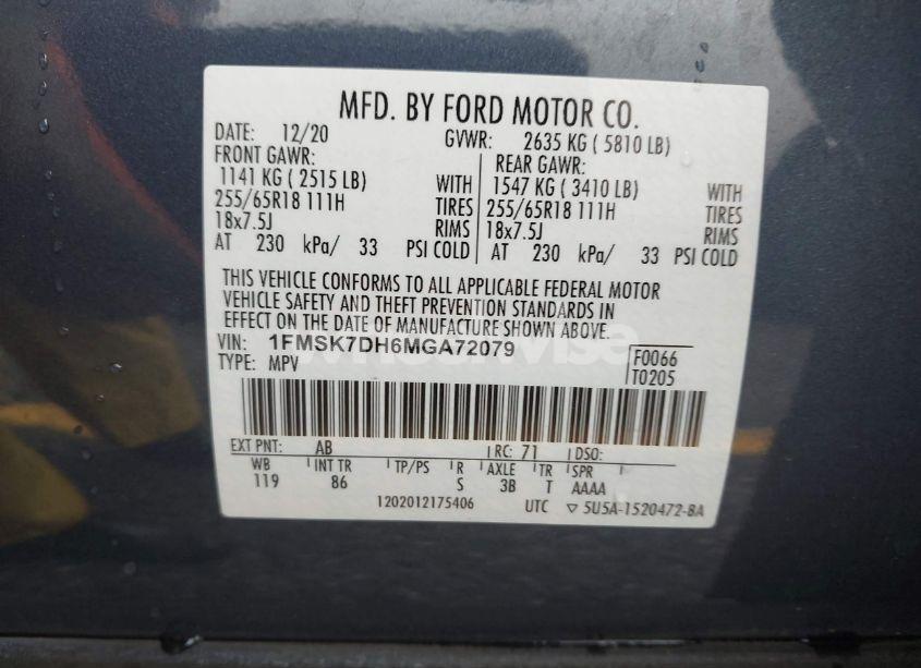Photo 9 of 2021 Ford Explorer XLT (VIN 1FMSK7DH6MGA72079)