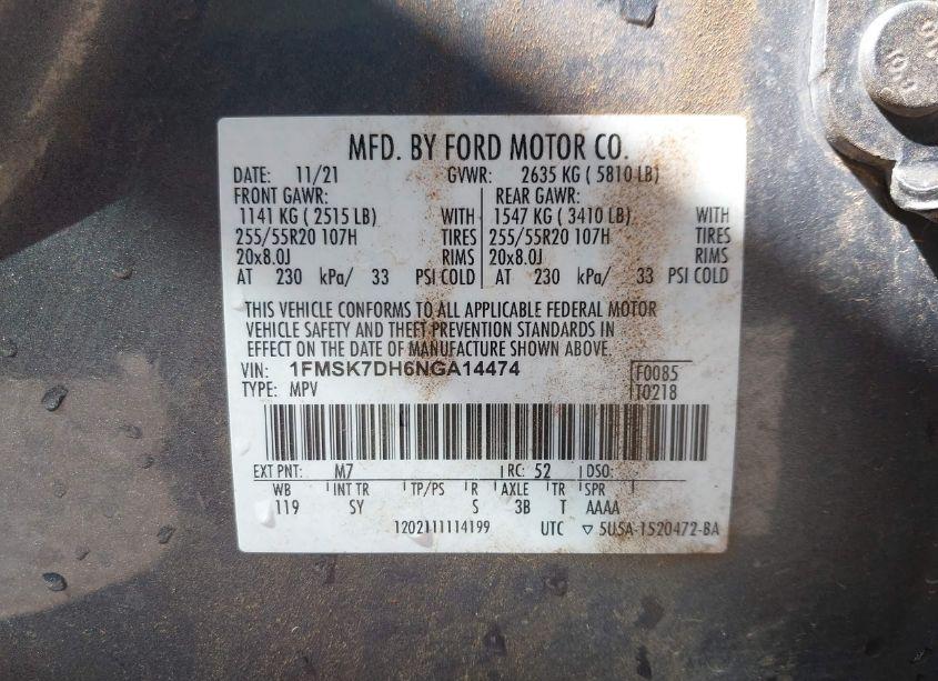 Photo 9 of 2022 Ford Explorer XLT (VIN 1FMSK7DH6NGA14474)