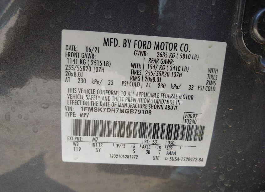 Photo 9 of 2021 Ford Explorer XLT (VIN 1FMSK7DH7MGB79108)