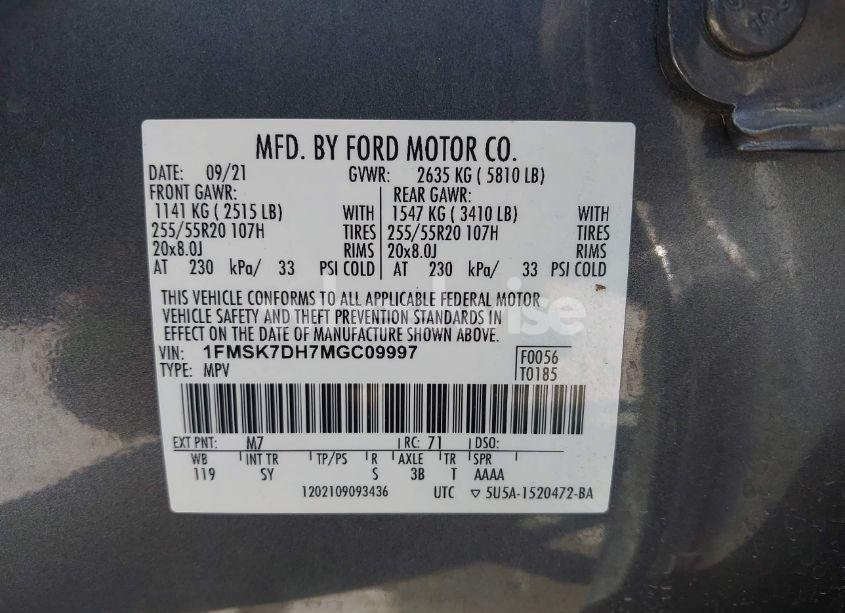 Photo 9 of 2021 Ford Explorer XLT (VIN 1FMSK7DH7MGC09997)