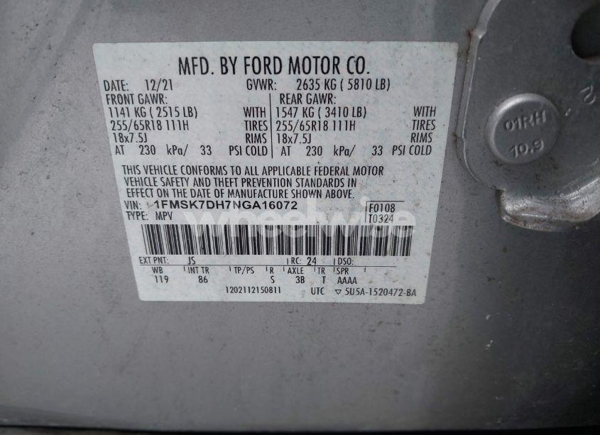 Photo 9 of 2022 Ford Explorer XLT (VIN 1FMSK7DH7NGA16072)