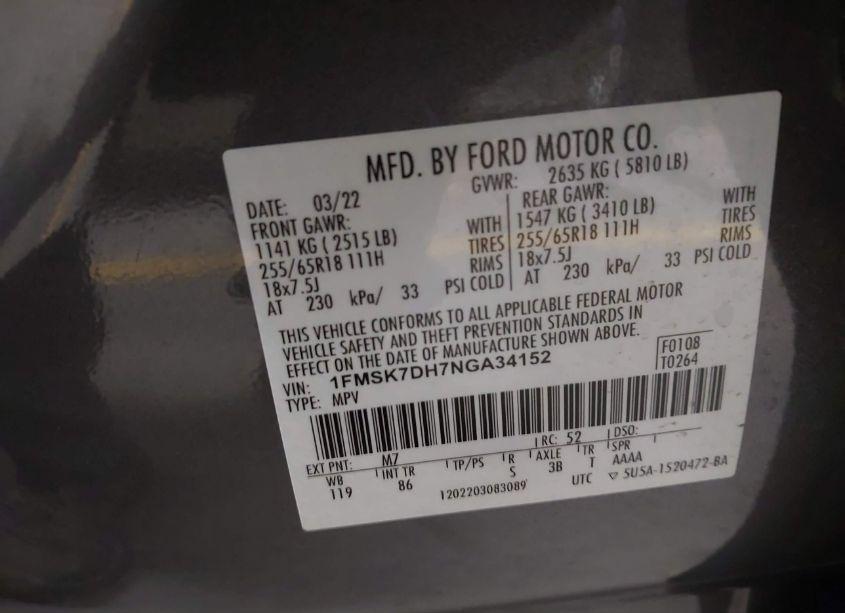 Photo 9 of 2022 Ford Explorer XLT (VIN 1FMSK7DH7NGA34152)