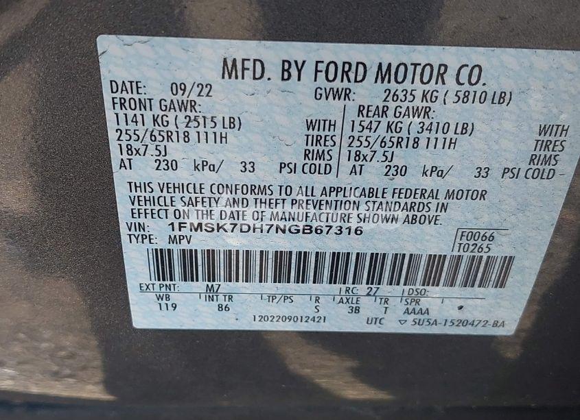 Photo 9 of 2022 Ford Explorer XLT (VIN 1FMSK7DH7NGB67316)