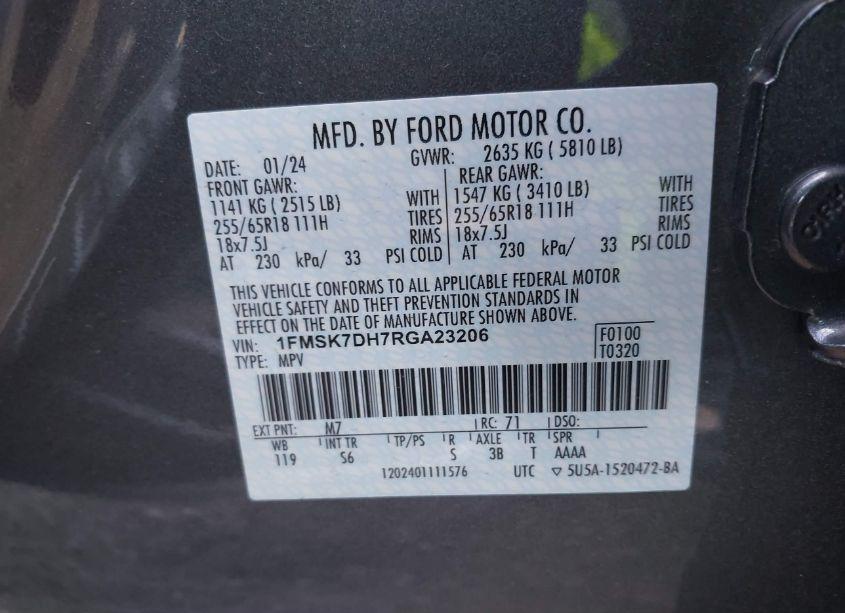 Photo 9 of 2024 Ford Explorer XLT (VIN 1FMSK7DH7RGA23206)