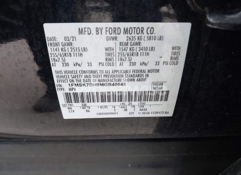 Photo 9 of 2021 Ford Explorer XLT (VIN 1FMSK7DH9MGB40648)